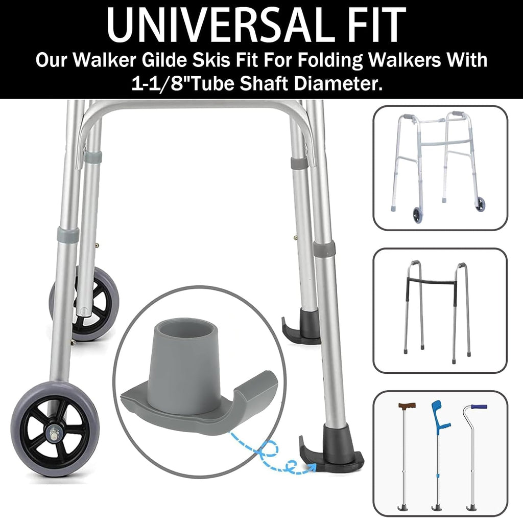 Walker Glide Skis, 4 Pcs Universal Fit Walker Skis | Easy to Use Rubber Walker Feet,Replacement Skis for Walkers,Gift for Seniors,Grey