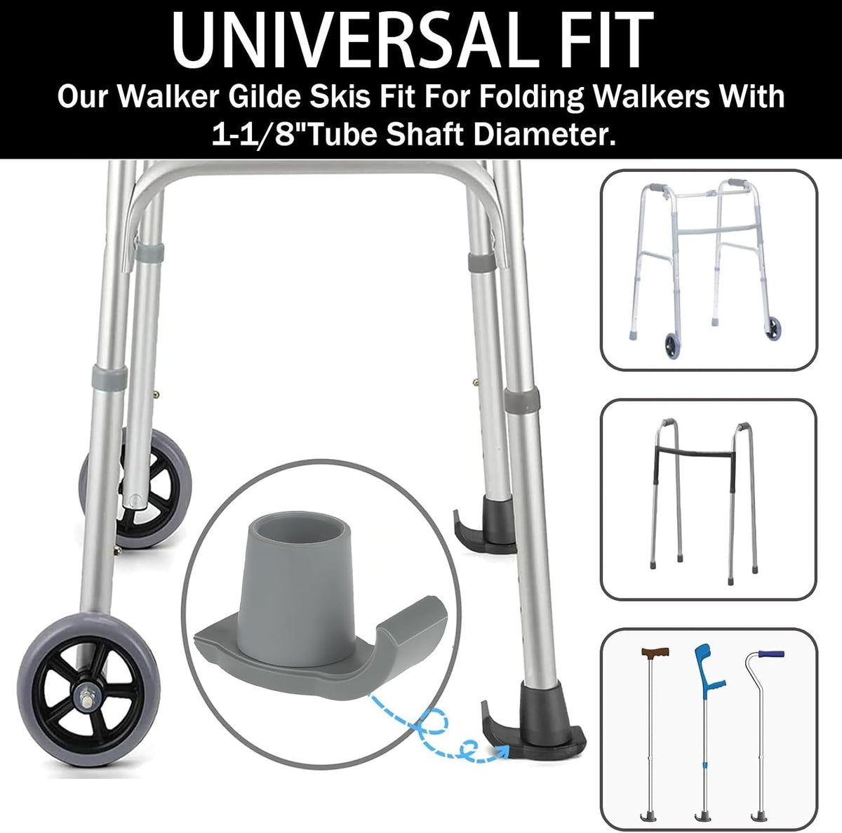 Walker Glide Skis, 4 Pcs Universal Fit Walker Skis | Easy to Use Rubber Walker Feet,Replacement Skis for Walkers,Gift for Seniors,Grey
