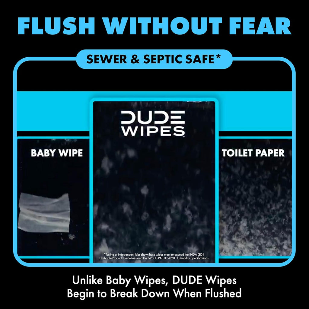 DUDE Wipes Unscented Adult Flushable Wet Wipes, Sensitive Skin, 144 Count | 99% water, extra large flushable butt wipes. Fragrance free, hypoallergenic, vitamin E and aloe. Septic safe. 3 packs of 48.