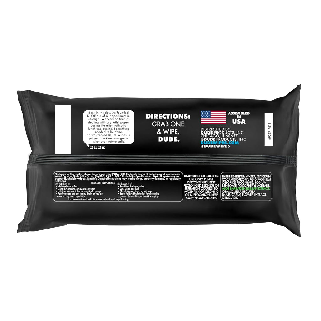 DUDE Wipes Unscented Adult Flushable Wet Wipes, Sensitive Skin, 144 Count | 99% water, extra large flushable butt wipes. Fragrance free, hypoallergenic, vitamin E and aloe. Septic safe. 3 packs of 48.