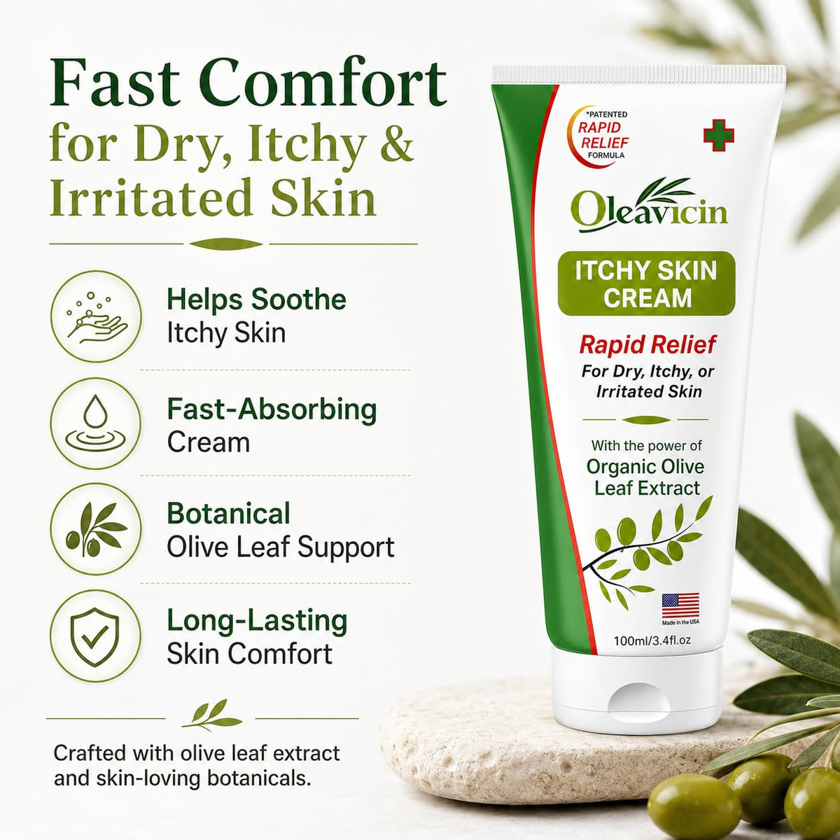 Oleavicin Extra Strength Anti-Itch Cream - Itchy Skin Cream for Fast Itch Relief - Natural Anti Itch Cream for Adults & Kids - Organic Olive Leaf Extract - Steroid-Free Rash Relief for Sensitive Skin