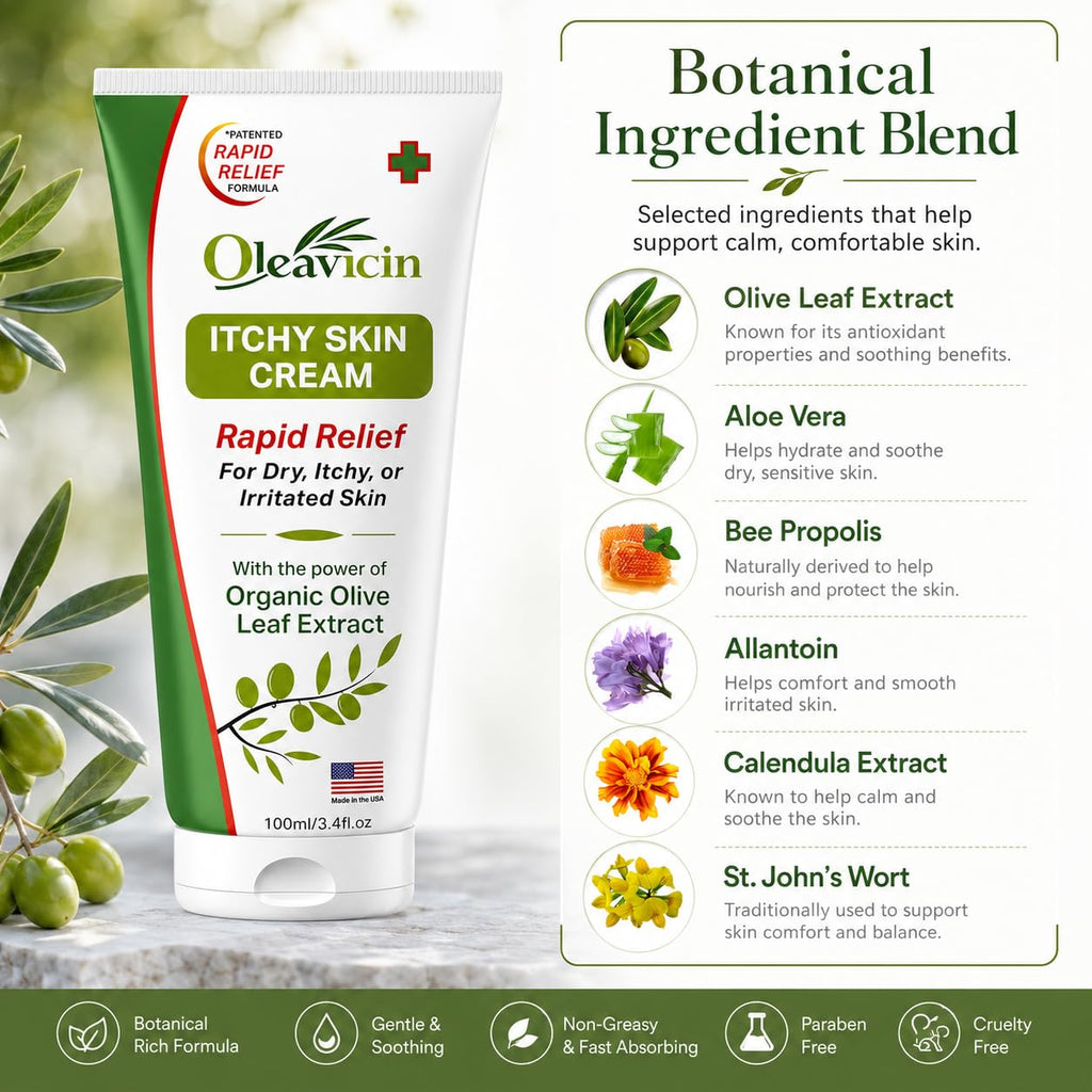 Oleavicin Extra Strength Anti-Itch Cream - Itchy Skin Cream for Fast Itch Relief - Natural Anti Itch Cream for Adults & Kids - Organic Olive Leaf Extract - Steroid-Free Rash Relief for Sensitive Skin
