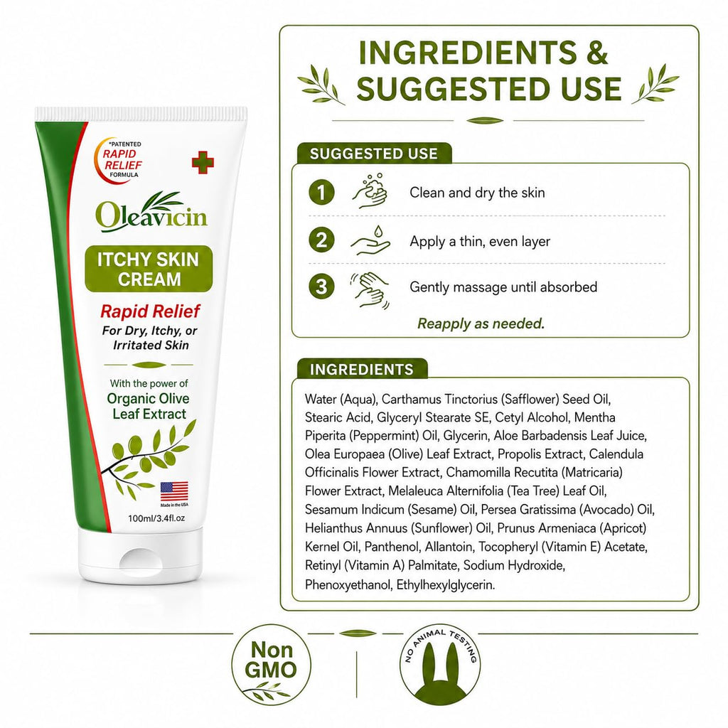 Oleavicin Extra Strength Anti-Itch Cream - Itchy Skin Cream for Fast Itch Relief - Natural Anti Itch Cream for Adults & Kids - Organic Olive Leaf Extract - Steroid-Free Rash Relief for Sensitive Skin