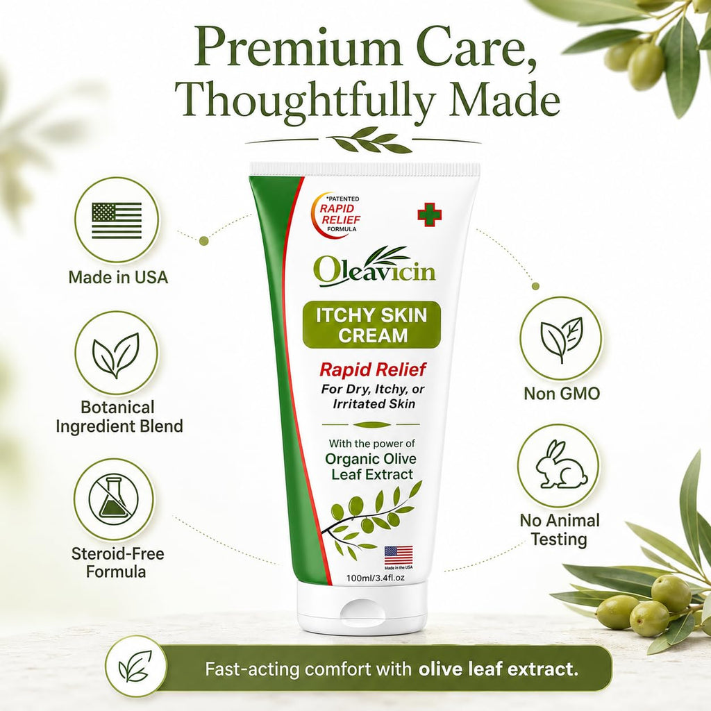 Oleavicin Extra Strength Anti-Itch Cream - Itchy Skin Cream for Fast Itch Relief - Natural Anti Itch Cream for Adults & Kids - Organic Olive Leaf Extract - Steroid-Free Rash Relief for Sensitive Skin