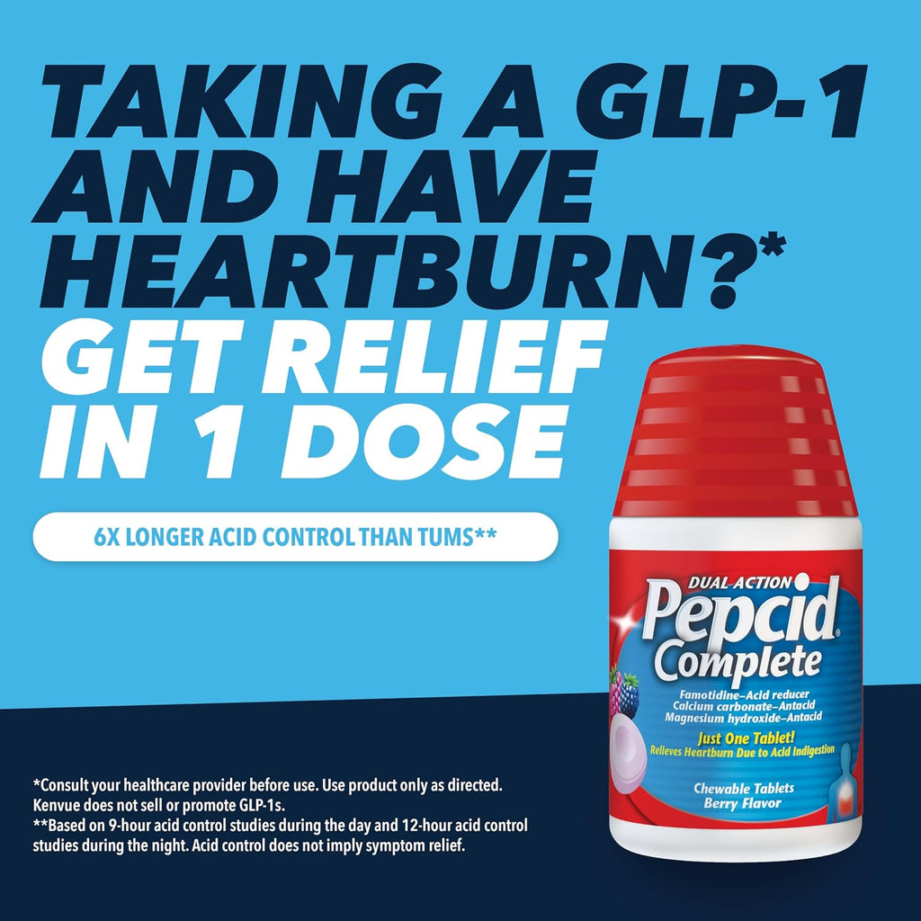 Pepcid Complete Acid Reducer + Antacid Chews, 10mg Famotidine, 50 Ct | Heartburn Relief, OTC, 800mg Calcium Carbonate, 165mg Magnesium Hydroxide, 10 mg Famotidine, For Acid Reflux, Tropical Fruit