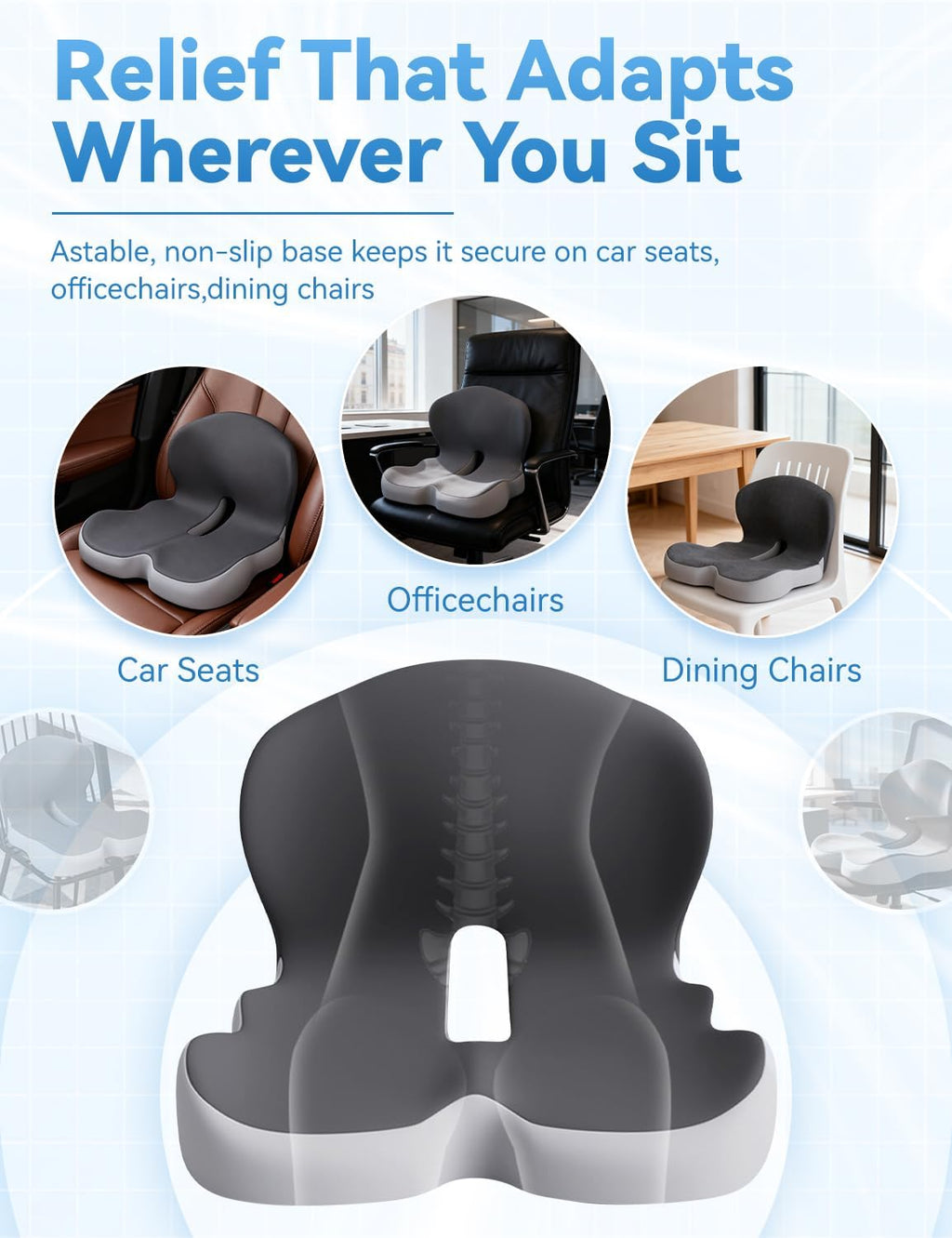 Orthopedic Cushion, Orthopedic Car Seat Cushion for Tailbone Pain Relief, Ergonomic Memory Foam Chair Pad, Non-Slip, Washable Cover, Car Cushion for Office, Car, Home (Dark Gray)