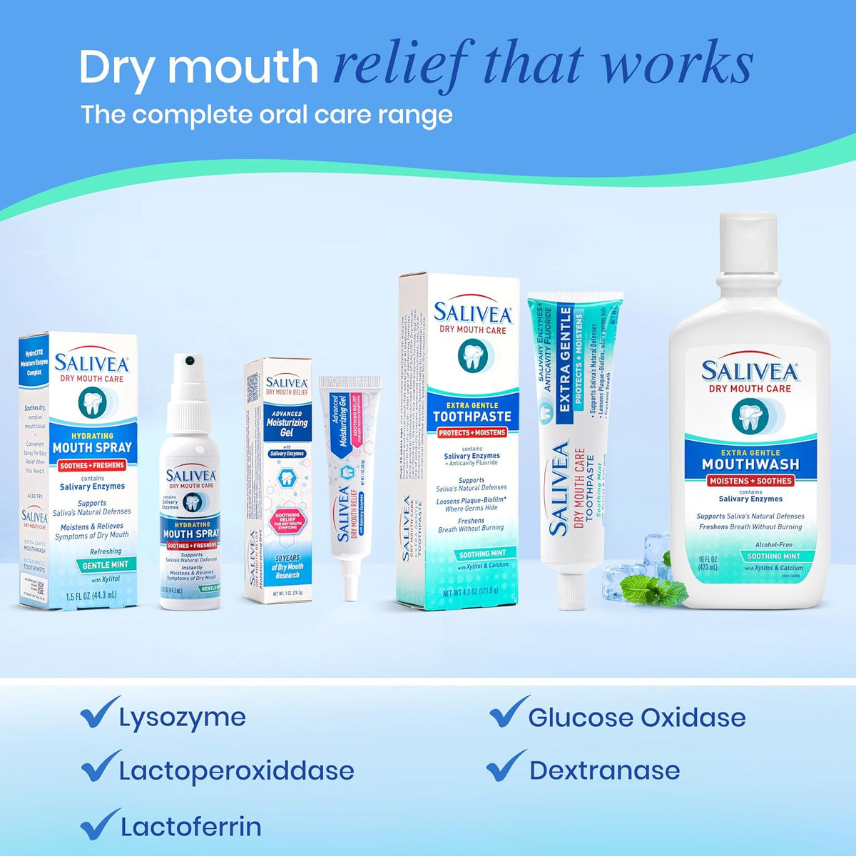 SALIVEA Dry Mouth Toothpaste Anticavity Fluoride Mint 4.3 oz Pack of 1 | Anticavity fluoride with xylitol and calcium, SLS free low foaming gentle formula for daily oral defense and fresh breath
