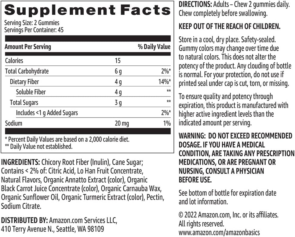 Amazon Basics Soft Fiber Gummies for Digestive Health and Regularity, Orange, Lemon & Strawberry Flavors, 90 Count, (Previously Solimo) (Pack of 2)