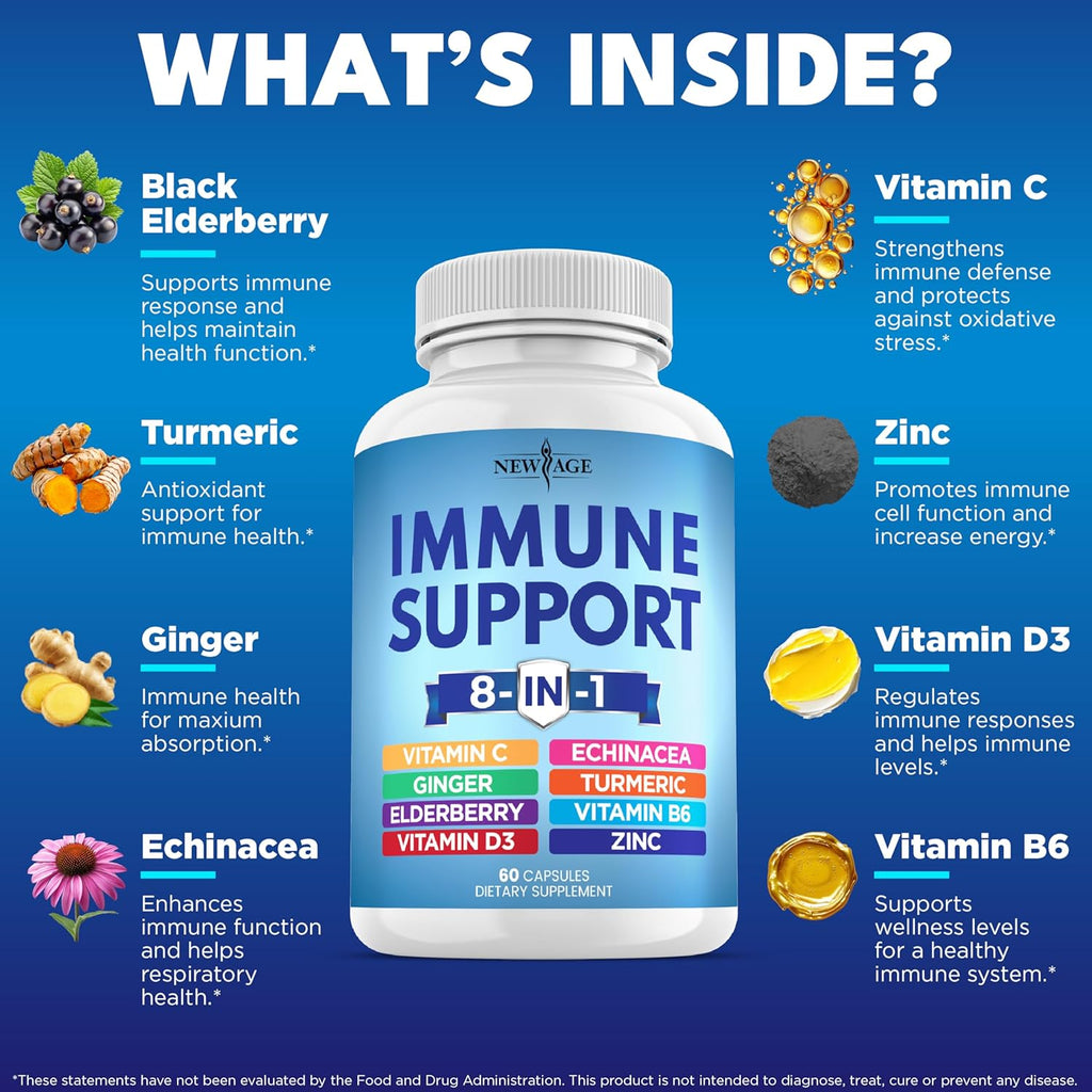 NEW AGE 8 in 1 Immune Support Booster Supplement with Echinacea, Vitamin C and Zinc 50mg, Vitamin D 5000 IU, Turmeric Curcumin & Ginger, B6, Elderberry 120 Count (Pack of 2)