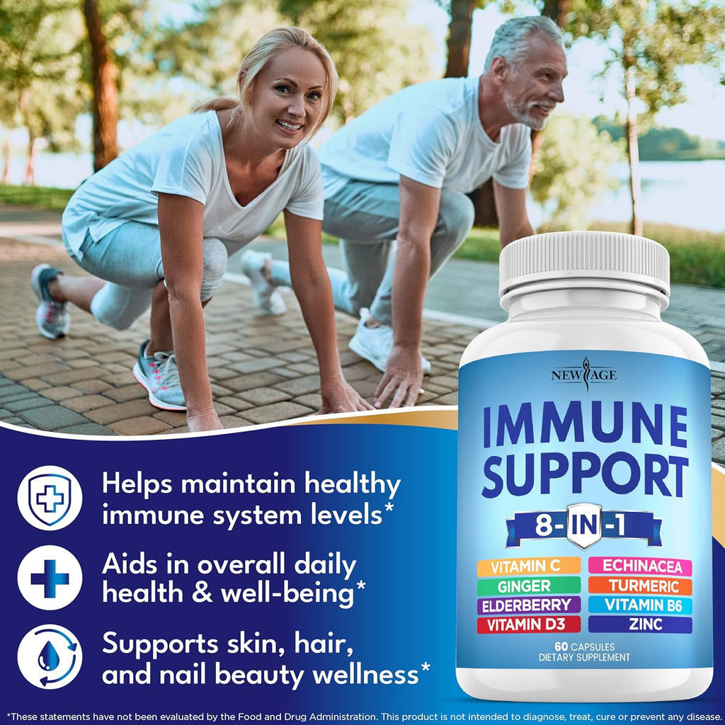NEW AGE 8 in 1 Immune Support Booster Supplement with Echinacea, Vitamin C and Zinc 50mg, Vitamin D 5000 IU, Turmeric Curcumin & Ginger, B6, Elderberry 120 Count (Pack of 2)