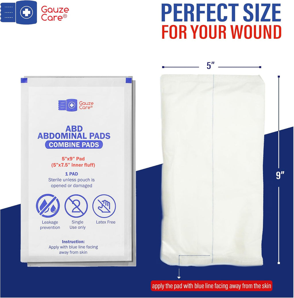 GauzeCare Sterile Abdominal- ABD Combine Pads| 50-Pack, 5 x 9 Inches| Extra Absorbent & Thick, Individually Wrapped Wound Dressing, First Aid Pads| Surgical-Grade, Nonstick- for Heavy Leakage, Post Op