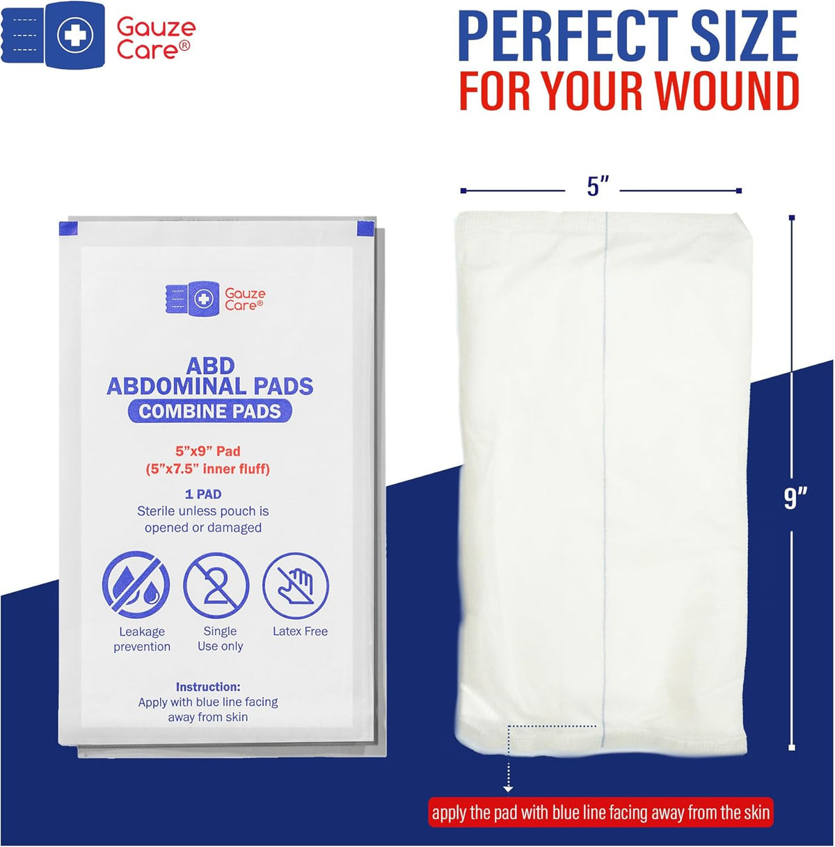 GauzeCare Sterile Abdominal- ABD Combine Pads| 50-Pack, 5 x 9 Inches| Extra Absorbent & Thick, Individually Wrapped Wound Dressing, First Aid Pads| Surgical-Grade, Nonstick- for Heavy Leakage, Post Op