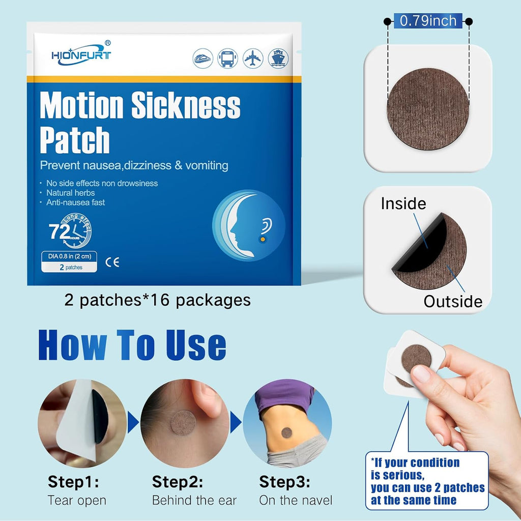 Hionfurt 32ct Motion Sickness Patches – Sea Sickness Patches for Cruise, Car, Airplane, and Other Travel – Non-Drowsy, Effective, Lasts 72 Hours
