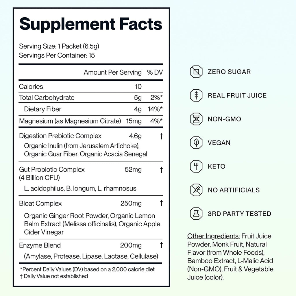 Feel Goods Digestion+ Gut Health Organic Fiber & Probiotic Powder Drink Mix | Digestive Enzymes, Digestion Plus, Bloating Relief, Gut Cleanse, Gut Guardian - Zero Sugar, 15 Stick Packets