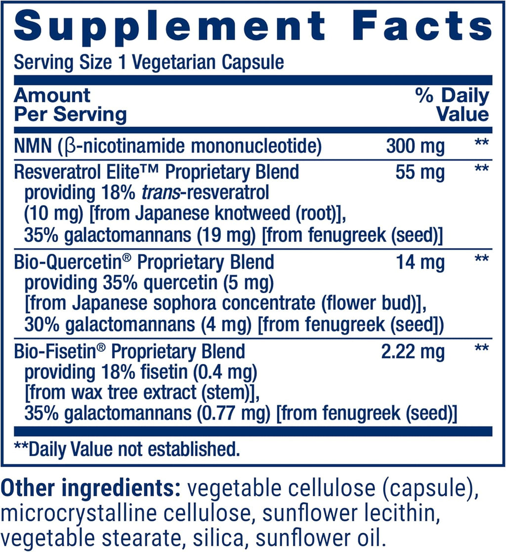 Life Extension NMN with Resveratrol Elite. Nicotinamide Mononucleotide, Trans-Resveratrol, Quercetin & Fisetin. NAD Precursor for Cellular Energy & Healthy Aging. Gluten Free, Non-GMO, 30 Veg Caps