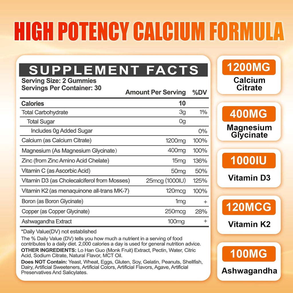 Calcium 1200 mg with Vitamin D3 for Adults - Calcium Citrate Gummies | with Vitamin D3, K2, Magnesium, Zinc, Boron, Copper and Ashwagandha - Extra Absorption Calcium Supplement for Women Men