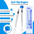 100 Pack 1mL Luer Lock Syringes without Needle - Sterile & Individually Wrapped, 1cc Syringe with Cap, Industrial & Lab Use