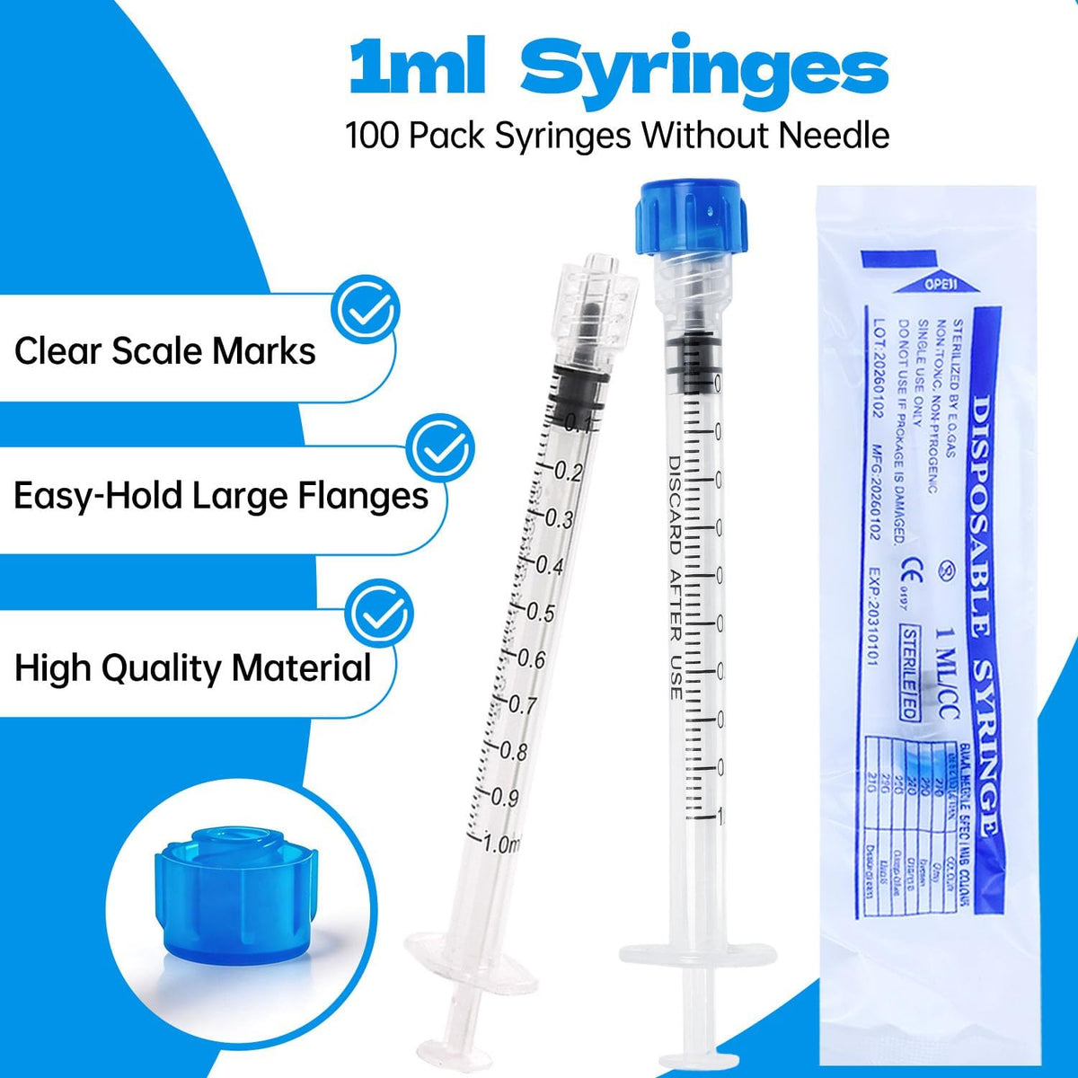 100 Pack 1mL Luer Lock Syringes without Needle - Sterile & Individually Wrapped, 1cc Syringe with Cap, Industrial & Lab Use