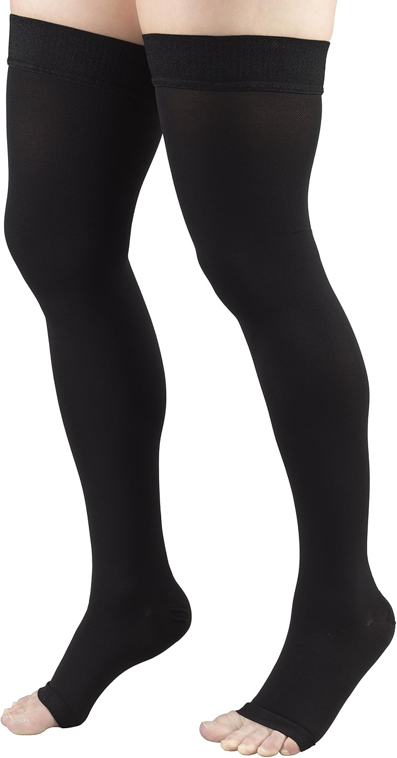 Truform 30-40 mmHg Compression Stockings for Men and Women, Thigh High Length, Dot-Top, Open Toe, Black, X-Large