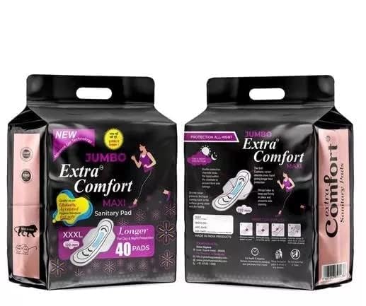 Jumbo Extra Comfort Sanitary Pads for Women|80 Pads|XXXL+|Hygiene & Comfort|Soft Wings|Dry top sheet|Suitable for Heavy flow|Odour free|pack of 2(80 pad)