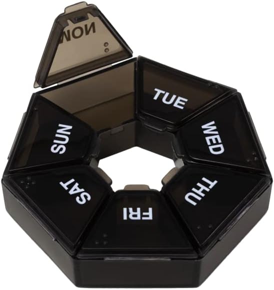 Ezy Dose Weekly (7-Day) Pill Organizer, 7-Sided Medicine Planner, Black | Compact Daily Round Vitamin & Supplement Medicine Case, Convenient and Easy to Use, Travel-Friendly Container, BPA-Free
