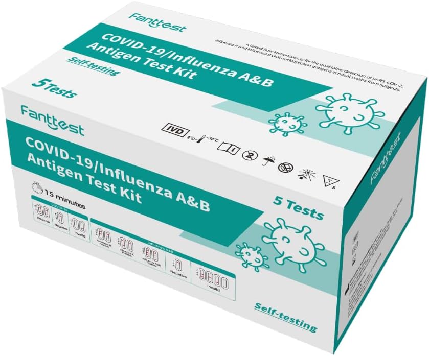 Fanttest 3-in-1 Combo Test 5 PACK, Influenza Flu A/B and COVID-19 Rapid Antigen Test Kit - Nasal Swab