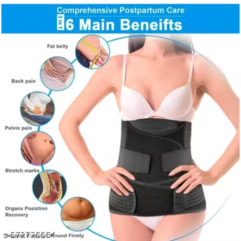 3-in-1 Postnatal Recovery Belt, Adjustable Maternity Belly Band for Postpartum Tummy Control, Back Pain Relief, Pelvic Support, Grey & Black