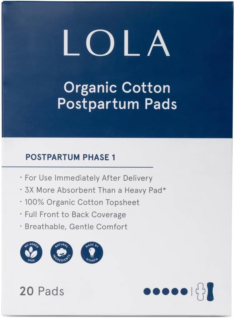 LOLA Organic Cotton Postpartum Pads - 20 Count, Ultra Absorbent and Extra Long Pads, Overnight and Full Coverage, Adult Incontinence Pad for Women, Postpartum Essentials