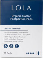 LOLA Organic Cotton Postpartum Pads - 20 Count, Ultra Absorbent and Extra Long Pads, Overnight and Full Coverage, Adult Incontinence Pad for Women, Postpartum Essentials