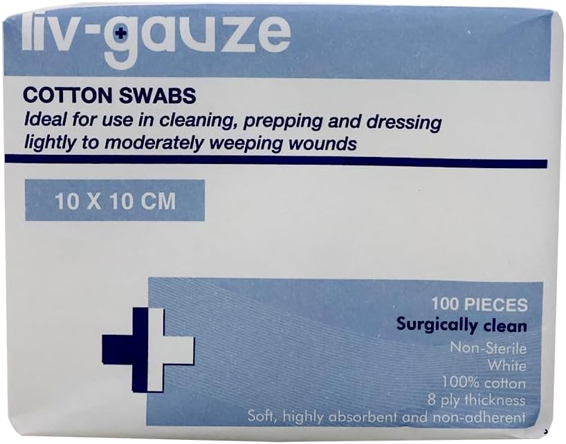 Liv Gauze Swabs 10 x 10 cm x 8 Ply Non-Sterile White Pack of 100
