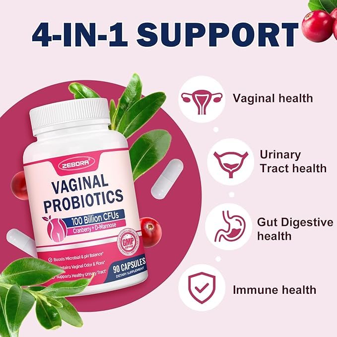 ZEBORA Vaginal Probiotics for Women 100 Billion CFUs, Probiotic for Digestive Health & Vaginal pH Balance & Urinary Tract Health, with Organic Cranberry & Prebiotics, 90 Veggie Capsules | High Strength Herbal Supplement | Clean Label Ayurvedic Wellness