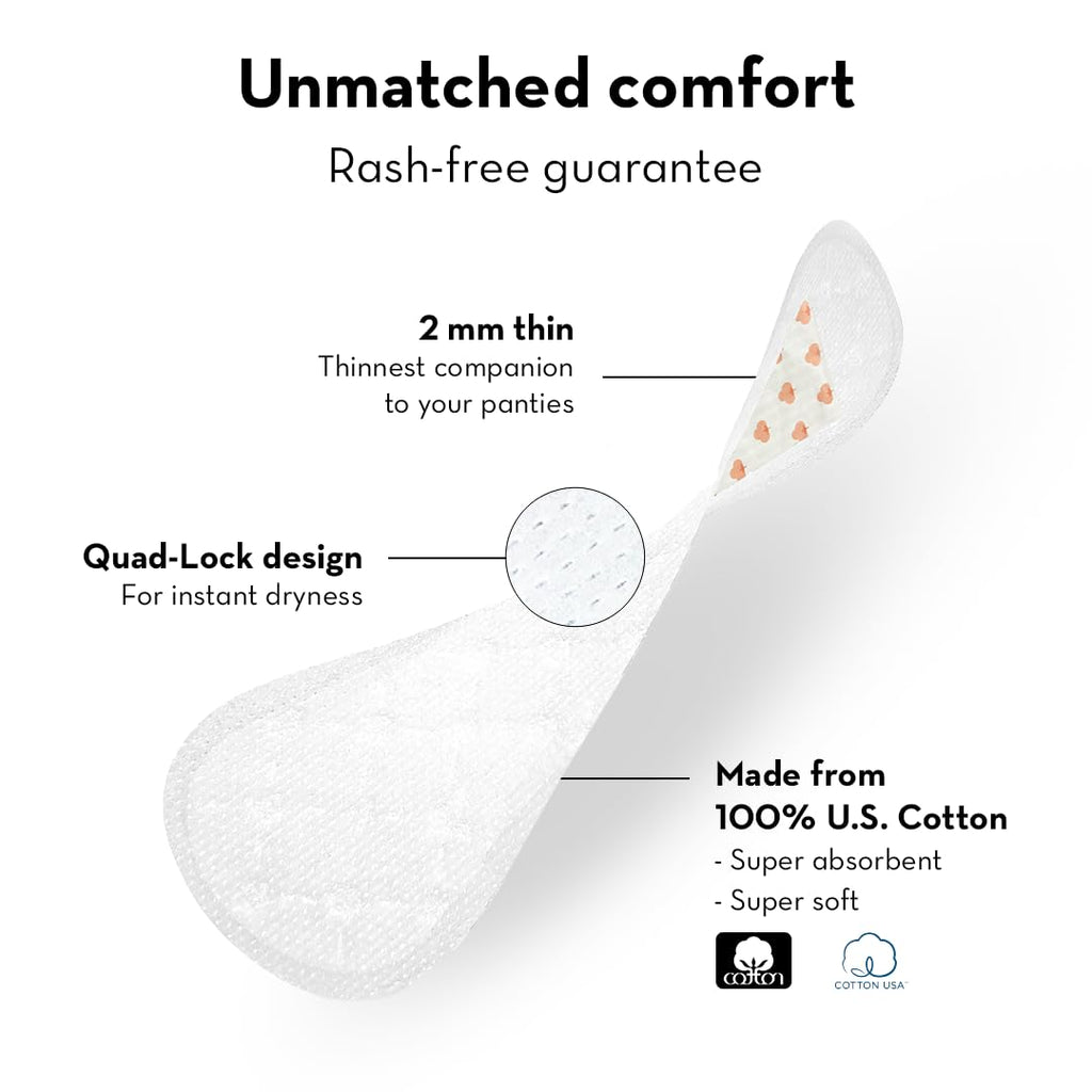 Plush Ultra Thin Large Panty Liners for Women Daily Use, 30 Liners | 2mm Thin, 180mm Long | Extra Coverage | Pure U.S. Cotton Liners for Sensitive Skin | Quad-Lock Design | No Toxins, No Parabens