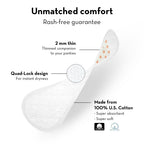 Plush Ultra Thin Large Panty Liners for Women Daily Use, 30 Liners | 2mm Thin, 180mm Long | Extra Coverage | Pure U.S. Cotton Liners for Sensitive Skin | Quad-Lock Design | No Toxins, No Parabens
