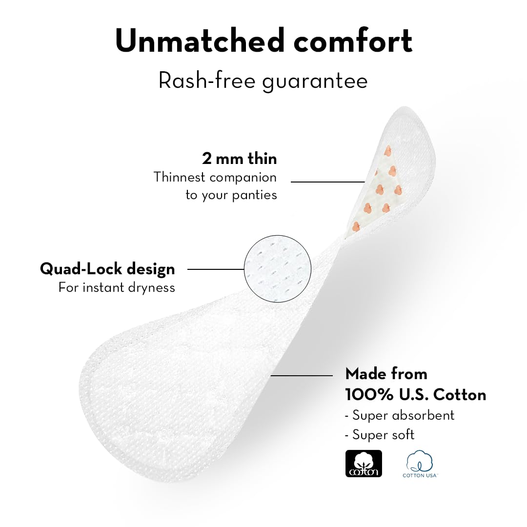 Plush Ultra Thin Large Panty Liners for Women Daily Use, 30 Liners | 2mm Thin, 180mm Long | Extra Coverage | Pure U.S. Cotton Liners for Sensitive Skin | Quad-Lock Design | No Toxins, No Parabens