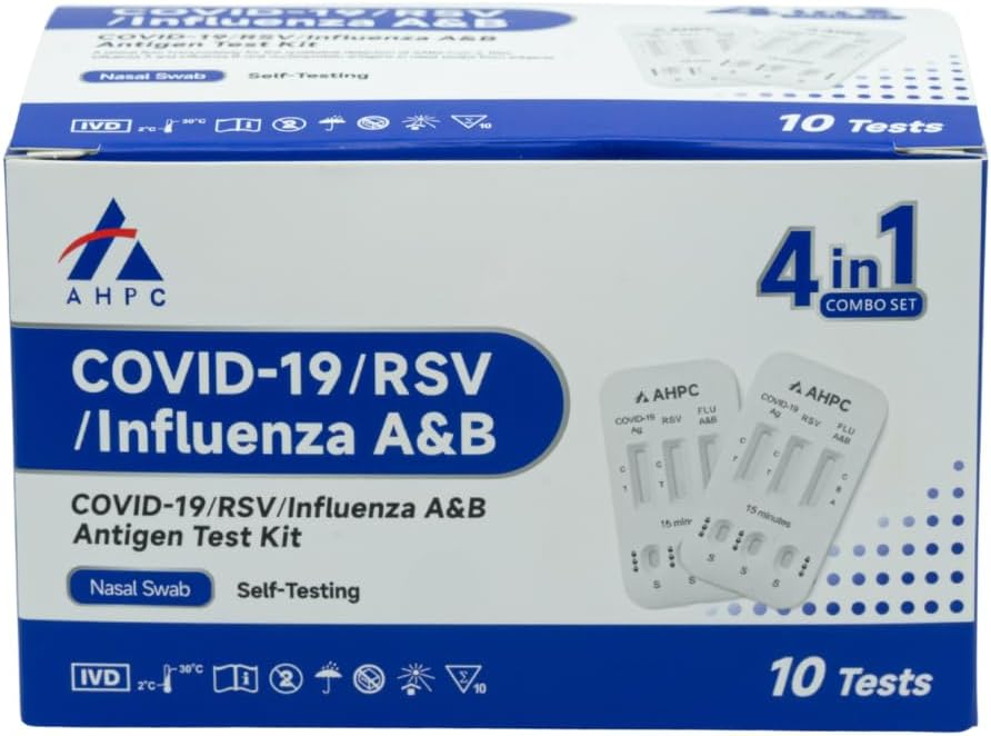 AHPC 4 in 1 COVID-19/RSV/Influenza A&B Antigen Test Kit - Rapid Antigen Test - COVID Flu RSV Kit with Nasal Swab - Convenient RAT Test - COVID Rapid Antigen for Home Use - Respiratory Testing - 1 Carton = 600 Tests (60 x 10 Pack)