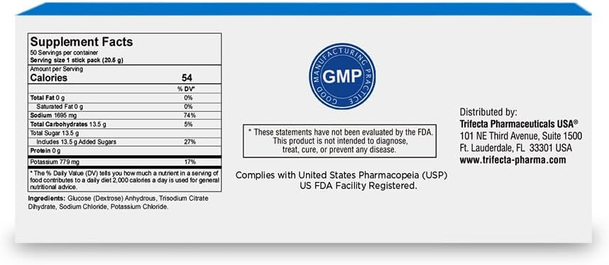TRIORAL Electrolyte Powder Oral Rehydration Salts, 50 Drink Packets | Unflavored Formula, Single Serve Packets, Sodium and Potassium Blend, Travel Ready, Workout Hydration, Daily Drink Mix
