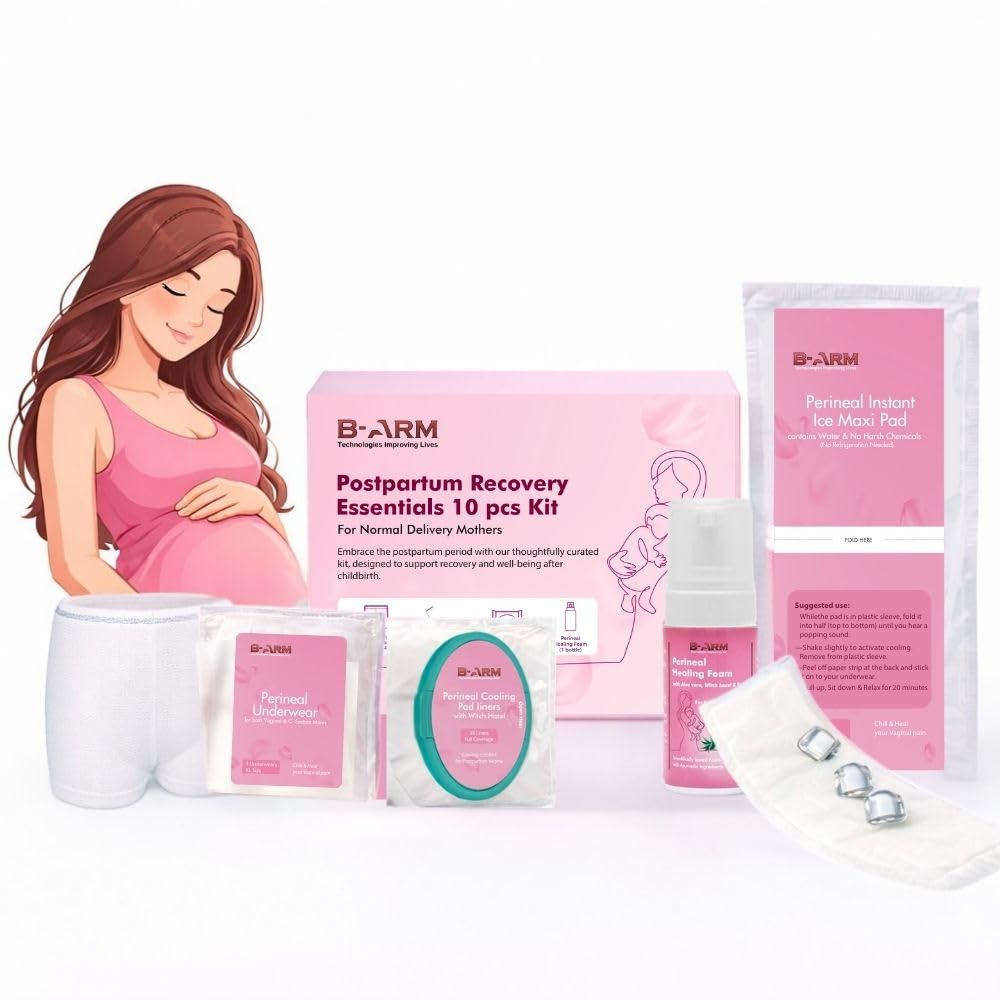 B-Arm Normal Delivery Postpartum Recovery Kit(10 pcs)|Includes 4 Disposable Underwear, 4 Icemaxi pads, 100ml Perineal Healing Foam, Pack of 25 Witch Hazel Padliners| New Mom's Hospital Bag Must-have