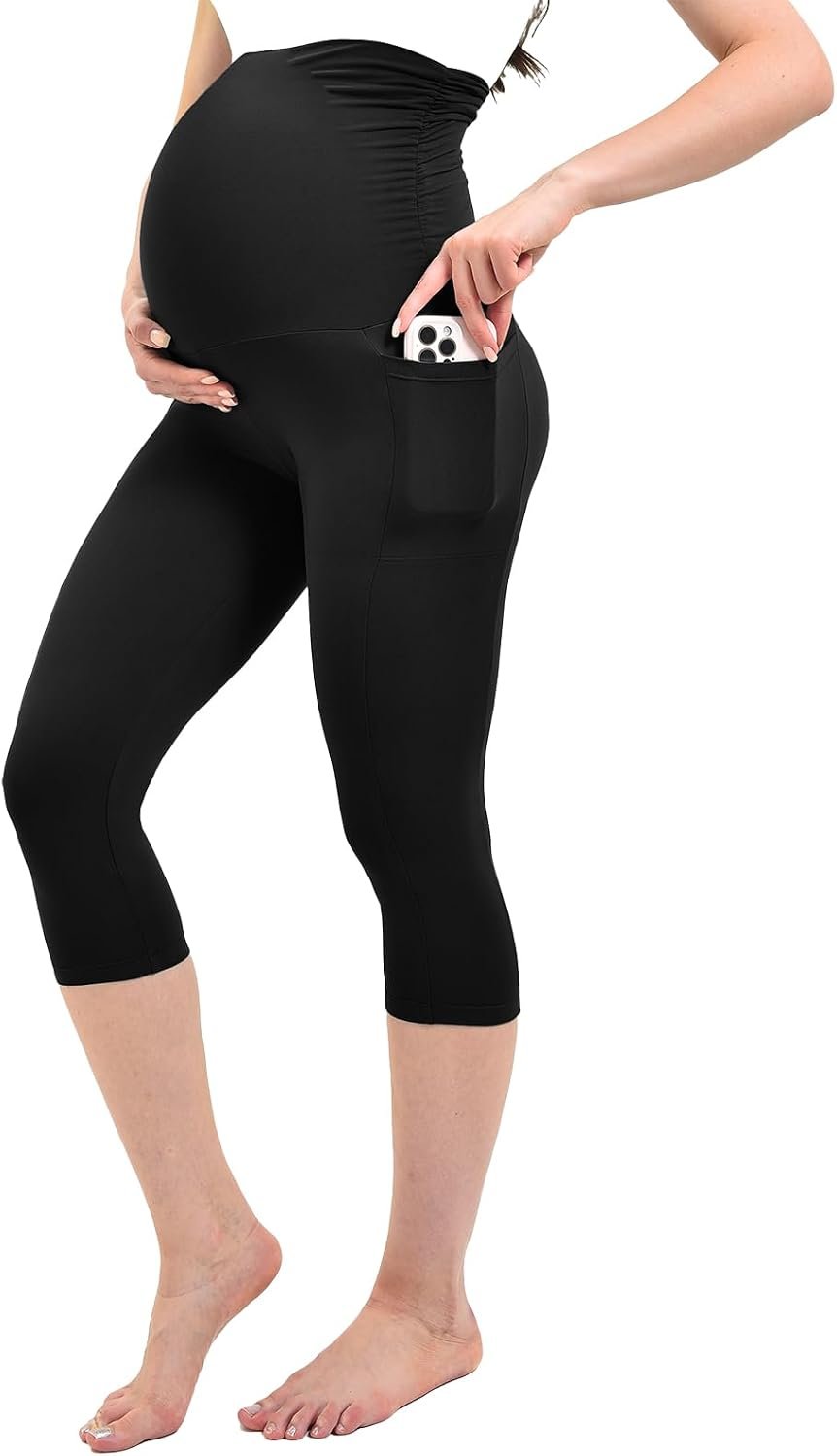 Ipletix Maternity Capris Leggings with Pockets Pregnancy Yoga Pants