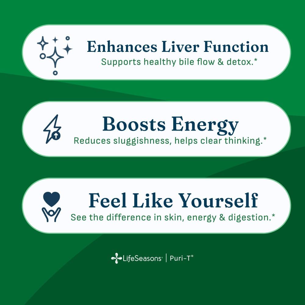 LifeSeasons Puri-T - Liver Cleanse & Detox Support Supplement - Resveratrol, N-Acetyl Cysteine, Milk Thistle, Artichoke & Turmeric - Supports Tissue Regeneration & Healthy Bile Flow - 60 Capsules