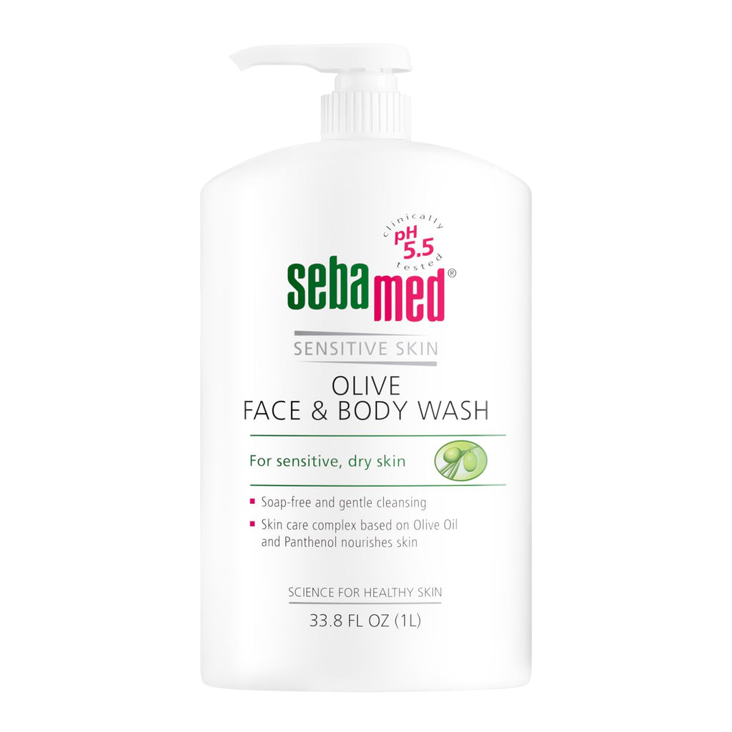 Sebamed Olive Face and Body Wash With Pump for Sensitive and Delicate Skin pH 5.5 Ultra Mild Dermatologist Recommended Cleanser 33.8 Fluid Ounces (1 Liter)
