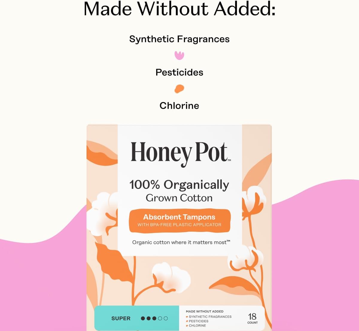 The Honey Pot Company - 100% Organic Cotton Tampons - Super Absorbency | Multipack - Tampons w/BPA Free Plastic Applicator - Unscented - Without Fragrances or Chlorine - Feminine Care - 54ct