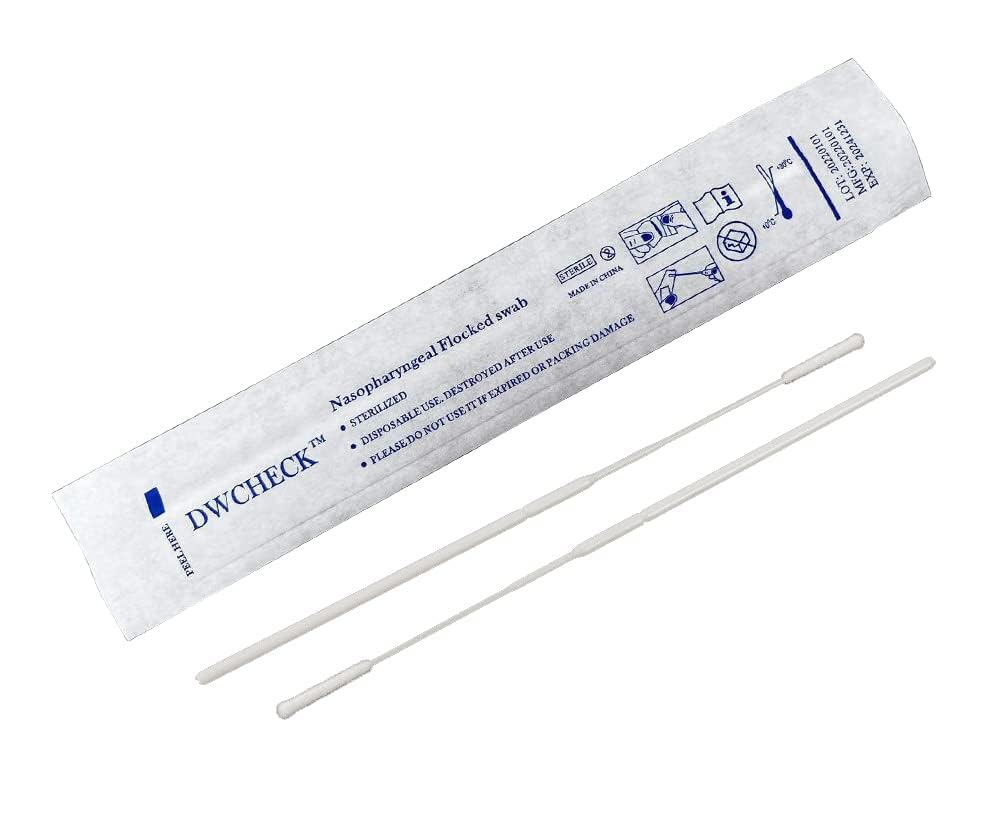 50 Pack Nasopharyngeal Collection Flocked Nasal Swab,Nasal Swabs Sterile Individually Wrapped, 80mm Break Point, Nylon Flocked Tip