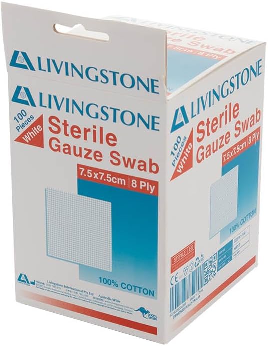 Liv Gauze Swabs 7.5 x 7.5 cm x 8 ply Sterile White 1 Piece/Pack 100 Packs/Dispenser Box
