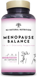Menopause, Balance Female Estrogens and Progesterone. 14-in-1 Formula with Clinical Back. 45 Capsules with Omega 3, Biotin, Vitamin D3 and K2. N2 Natural Nutrition