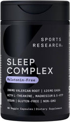Sports Research® Sleep Complex (Melatonin-Free), 60 Veggie Capsules | Natural Sleep Aid with Valerian Root, GABA, L-Theanine, Magnesium & 5-HTP - Non-GMO Verified & Gluten Free