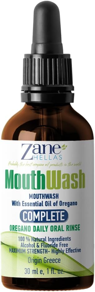 Zane Hellas MouthWash. Oral Rinse with Oregano Oil Power. Ideal for Gingivitis, Plaque, Dry Mouth, and Bad Breath. Alcohol and Fluoride Free. 100% Herbal Solution. 2 fl.oz.-60ml.