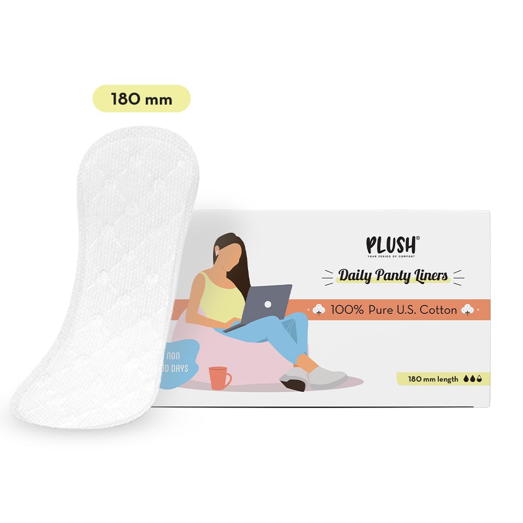 Plush Ultra Thin Large Panty Liners for Women Daily Use, 30 Liners | 2mm Thin, 180mm Long | Extra Coverage | Pure U.S. Cotton Liners for Sensitive Skin | Quad-Lock Design | No Toxins, No Parabens