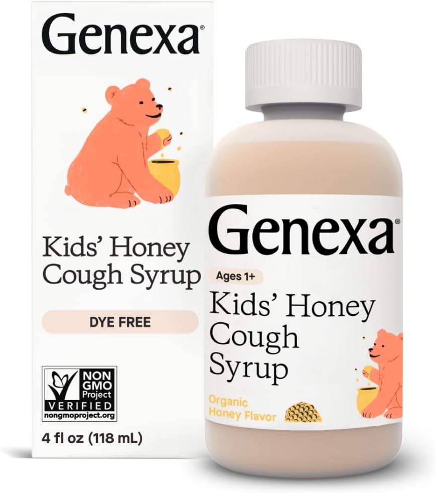 Genexa Kids Honey Cough Syrup Made Clean, Organic Honey Flavor, 4 fl oz | Dye Free, 0% Artificial Additives, Gluten Free, Non-GMO, Soothing Children & Toddler Cough Remedy for Kids Ages 1+
