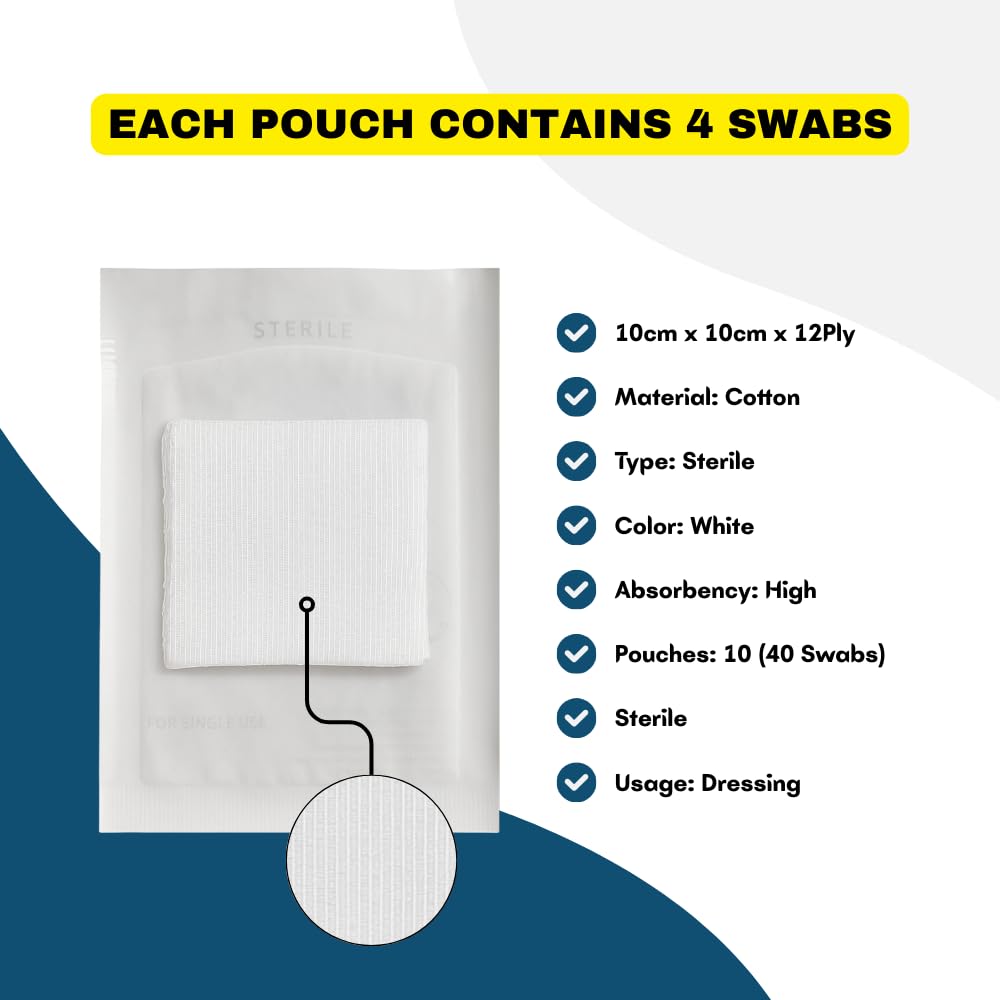Sterile Gauze Swabs 10cm x 10cm x 12Ply - Absorbent Gauze Pads for Wound Dressing & First Aid Box of 10 Pouch - 40Count