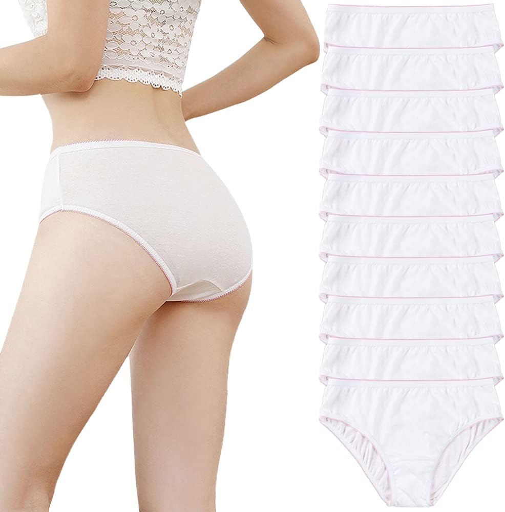 Disposable Underwear for Women 100% Cotton Briefs for Maternity Travel Menstruation Travel SPA Massage - Pack of 10, Individually Wrapped